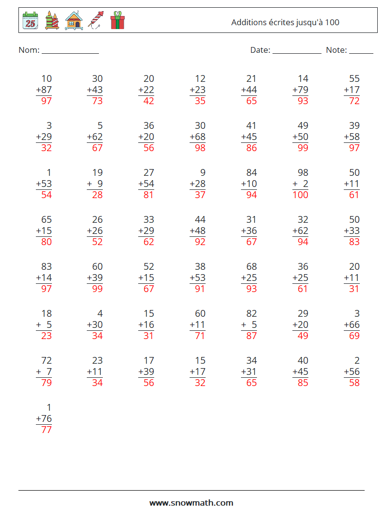 (50) Additions écrites jusqu'à 100 Fiches d'Exercices de Mathématiques 3 Question, Réponse