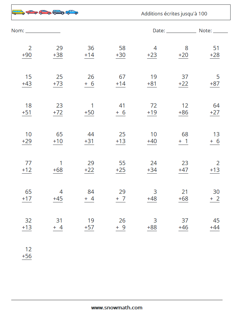 (50) Additions écrites jusqu'à 100 Fiches d'Exercices de Mathématiques 5