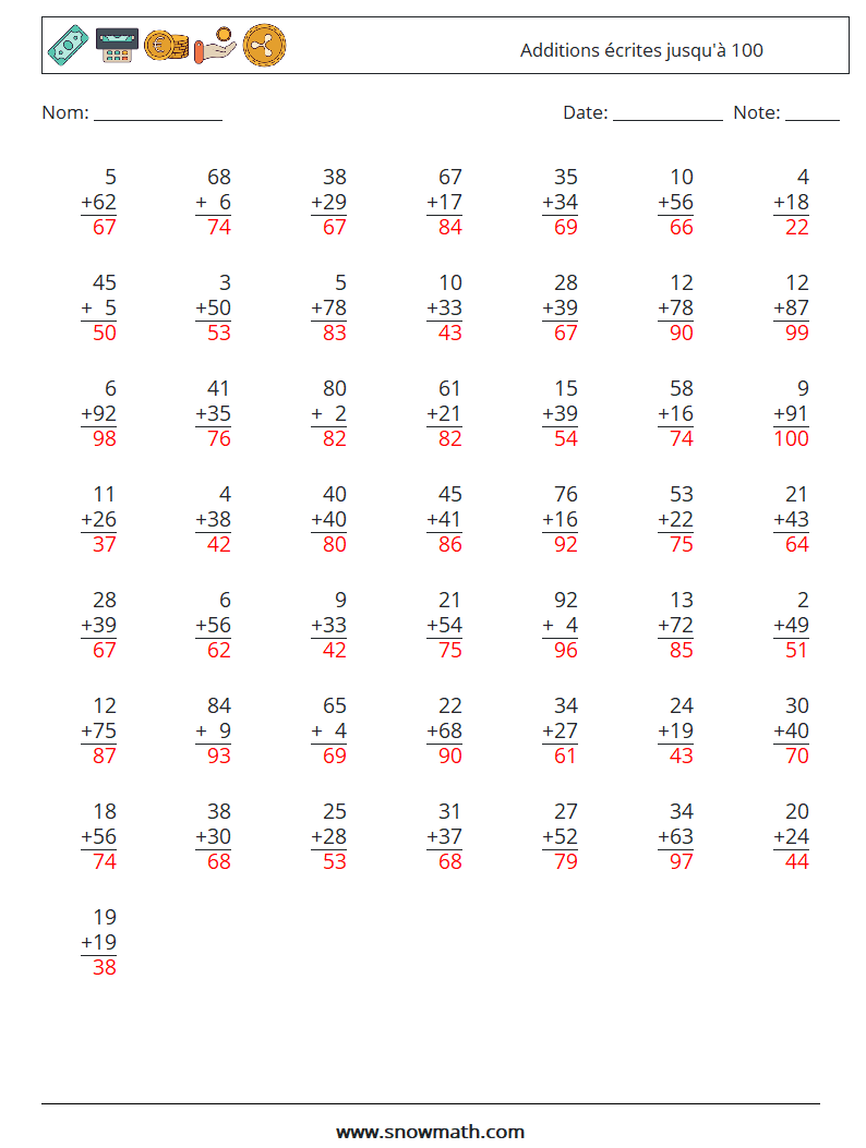 (50) Additions écrites jusqu'à 100 Fiches d'Exercices de Mathématiques 6 Question, Réponse