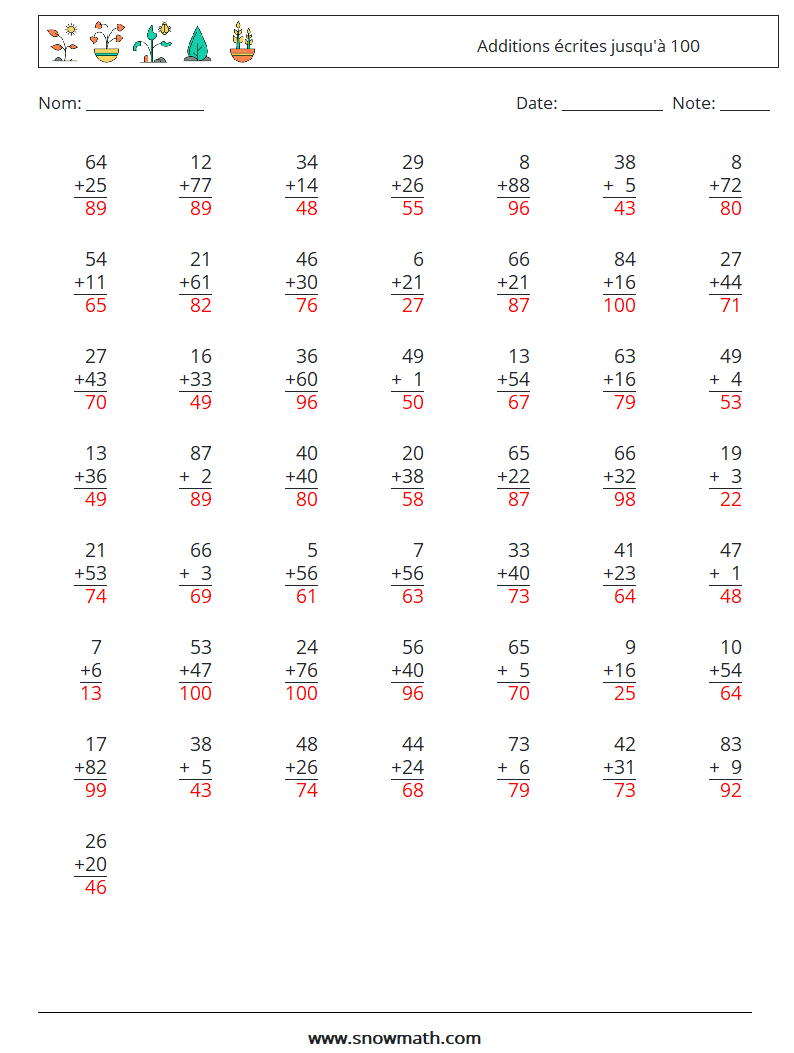 (50) Additions écrites jusqu'à 100 Fiches d'Exercices de Mathématiques 7 Question, Réponse