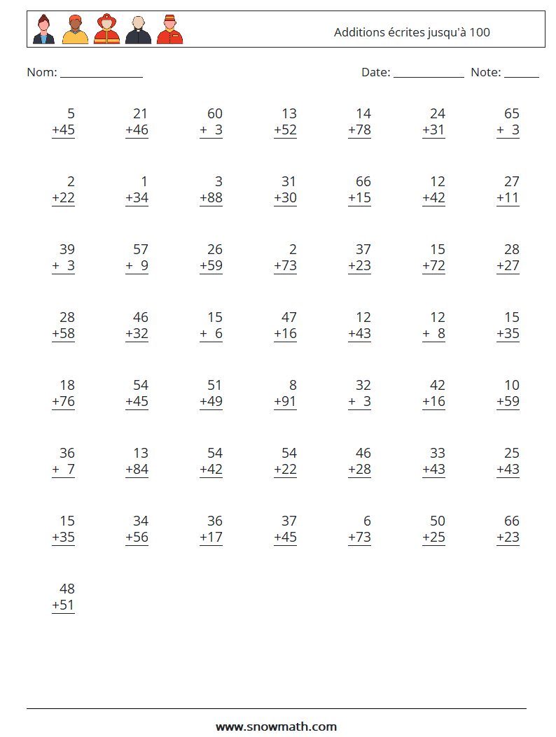 (50) Additions écrites jusqu'à 100 Fiches d'Exercices de Mathématiques 8