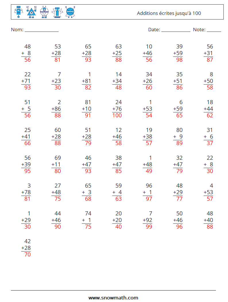 (50) Additions écrites jusqu'à 100 Fiches d'Exercices de Mathématiques 9 Question, Réponse