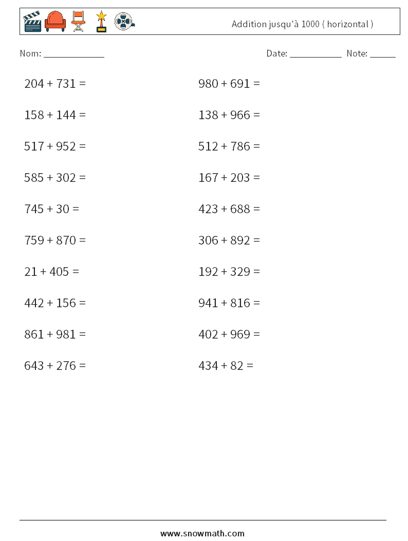 (20) Addition jusqu'à 1000 ( horizontal ) Fiches d'Exercices de Mathématiques 1