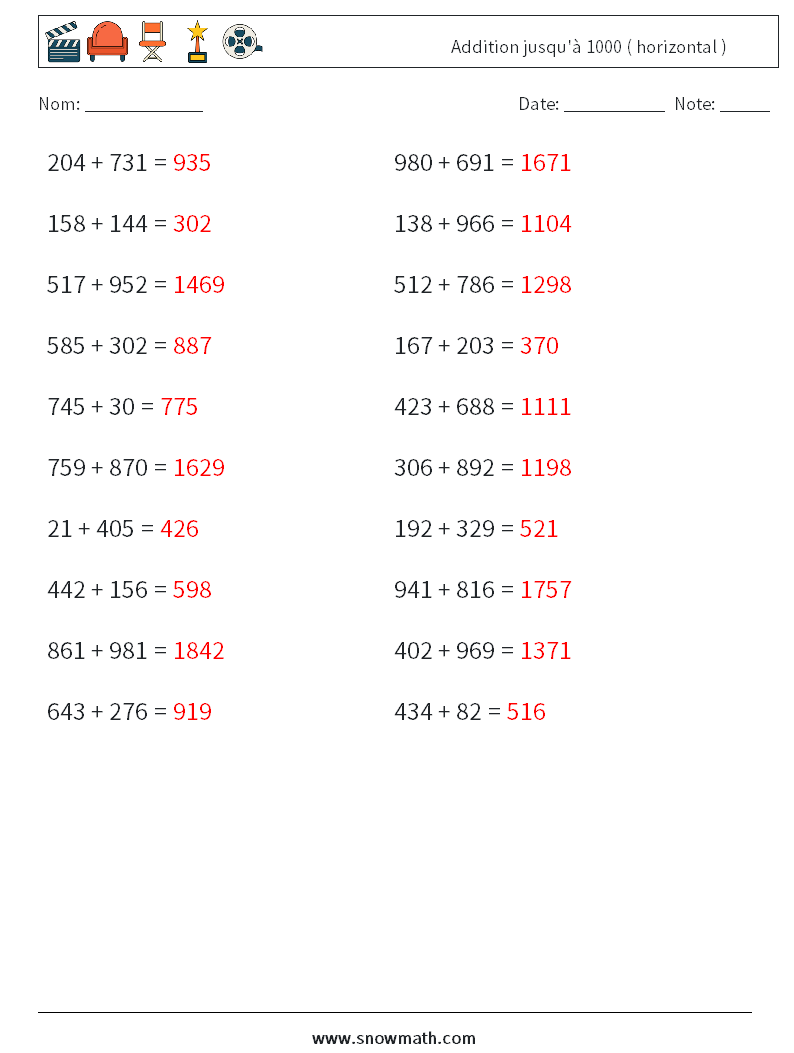 (20) Addition jusqu'à 1000 ( horizontal ) Fiches d'Exercices de Mathématiques 1 Question, Réponse