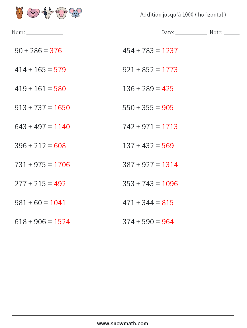 (20) Addition jusqu'à 1000 ( horizontal ) Fiches d'Exercices de Mathématiques 2 Question, Réponse