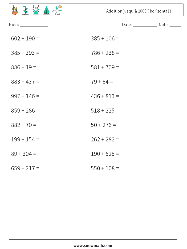 (20) Addition jusqu'à 1000 ( horizontal ) Fiches d'Exercices de Mathématiques 3