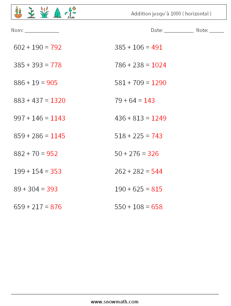 (20) Addition jusqu'à 1000 ( horizontal ) Fiches d'Exercices de Mathématiques 3 Question, Réponse