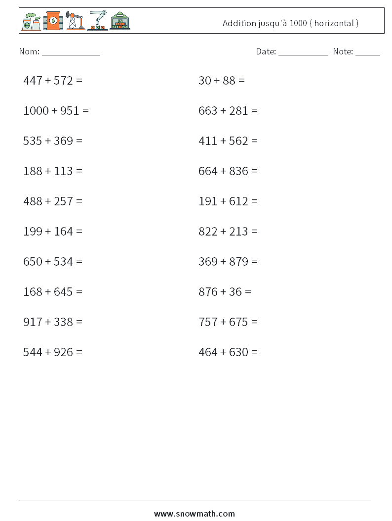 (20) Addition jusqu'à 1000 ( horizontal ) Fiches d'Exercices de Mathématiques 4