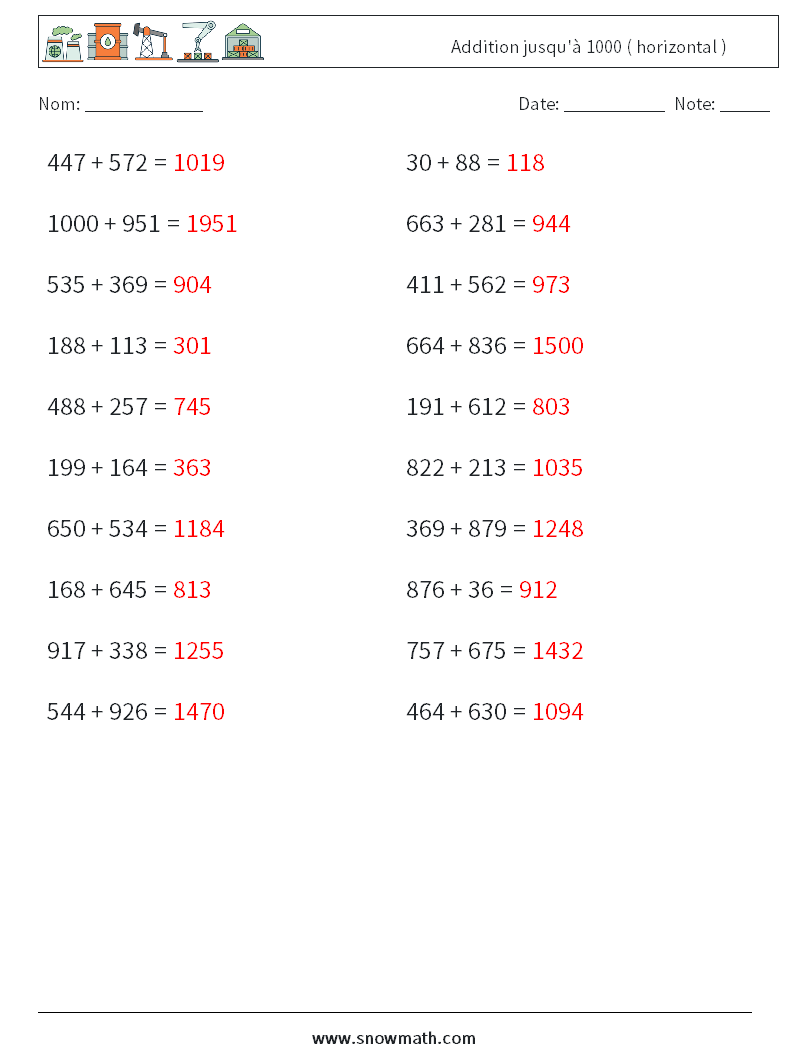 (20) Addition jusqu'à 1000 ( horizontal ) Fiches d'Exercices de Mathématiques 4 Question, Réponse