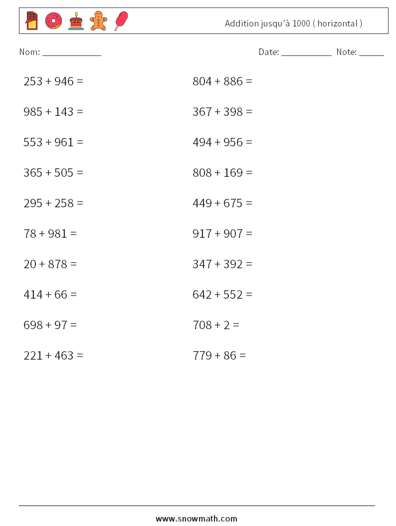 (20) Addition jusqu'à 1000 ( horizontal ) Fiches d'Exercices de Mathématiques 5