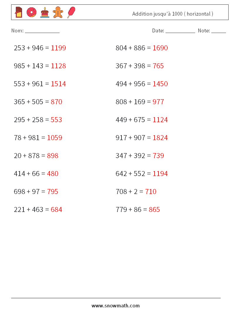 (20) Addition jusqu'à 1000 ( horizontal ) Fiches d'Exercices de Mathématiques 5 Question, Réponse