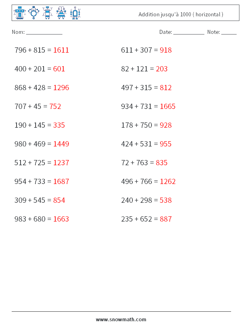 (20) Addition jusqu'à 1000 ( horizontal ) Fiches d'Exercices de Mathématiques 6 Question, Réponse