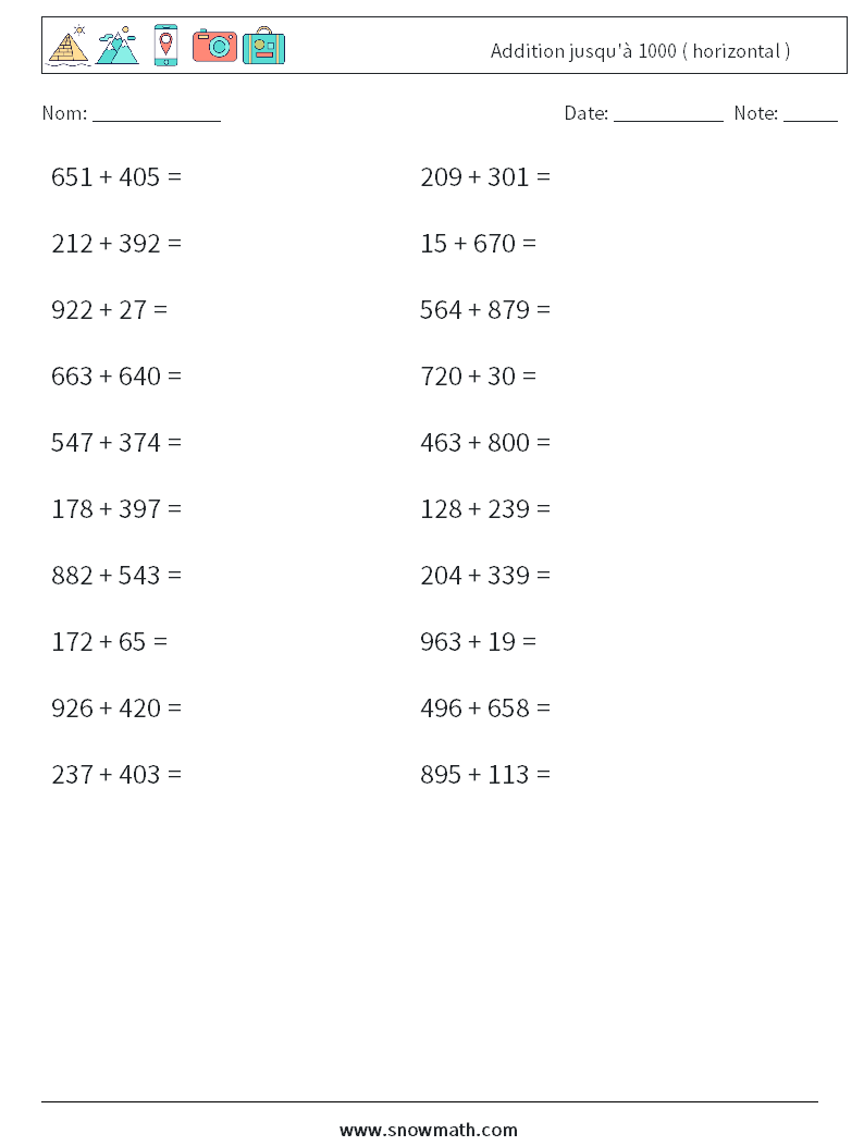 (20) Addition jusqu'à 1000 ( horizontal ) Fiches d'Exercices de Mathématiques 7