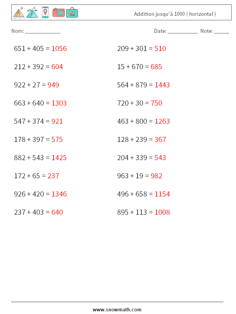 (20) Addition jusqu'à 1000 ( horizontal ) Fiches d'Exercices de Mathématiques 7 Question, Réponse