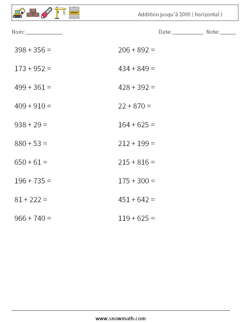 (20) Addition jusqu'à 1000 ( horizontal ) Fiches d'Exercices de Mathématiques 8