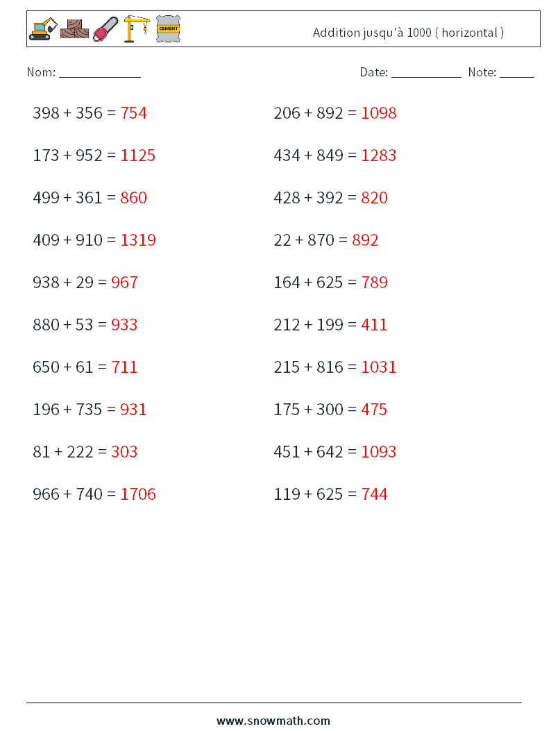 (20) Addition jusqu'à 1000 ( horizontal ) Fiches d'Exercices de Mathématiques 8 Question, Réponse