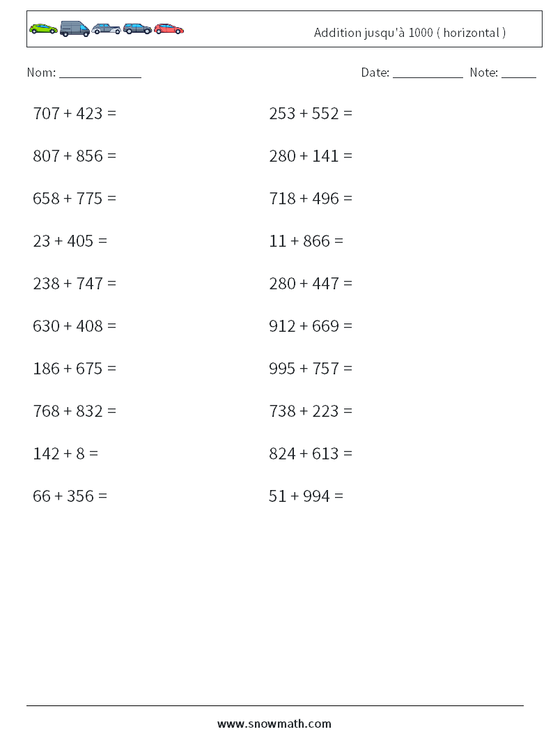 (20) Addition jusqu'à 1000 ( horizontal ) Fiches d'Exercices de Mathématiques 9