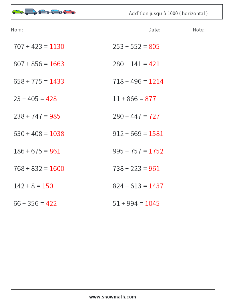 (20) Addition jusqu'à 1000 ( horizontal ) Fiches d'Exercices de Mathématiques 9 Question, Réponse