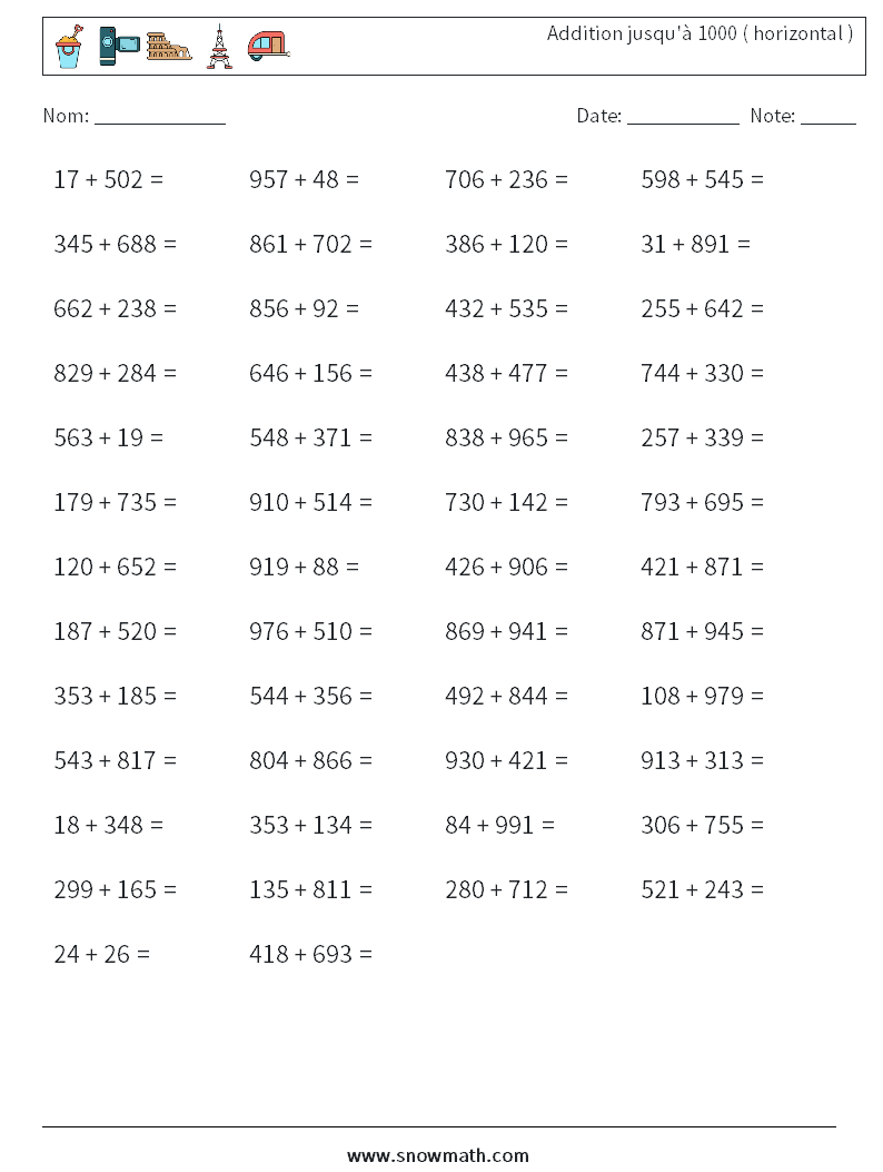 (50) Addition jusqu'à 1000 ( horizontal ) Fiches d'Exercices de Mathématiques 1