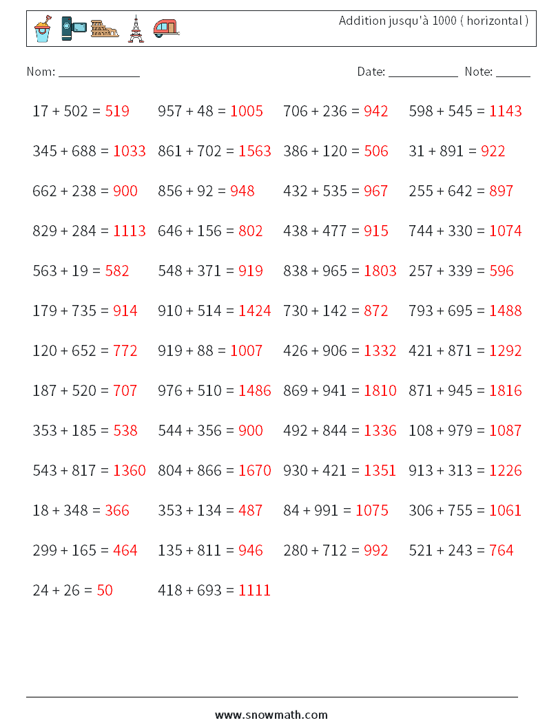 (50) Addition jusqu'à 1000 ( horizontal ) Fiches d'Exercices de Mathématiques 1 Question, Réponse