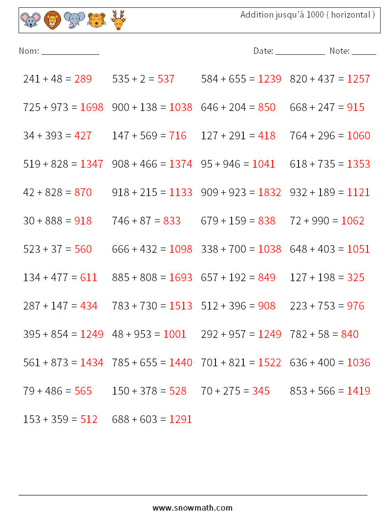 (50) Addition jusqu'à 1000 ( horizontal ) Fiches d'Exercices de Mathématiques 2 Question, Réponse