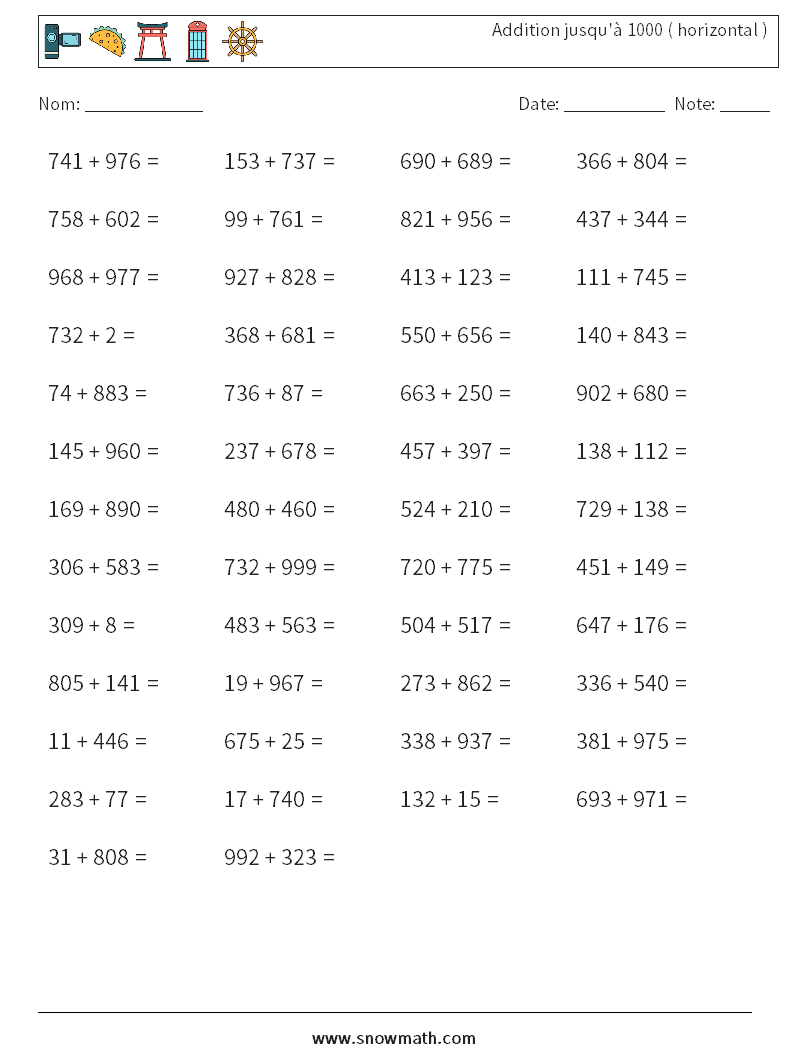 (50) Addition jusqu'à 1000 ( horizontal ) Fiches d'Exercices de Mathématiques 3