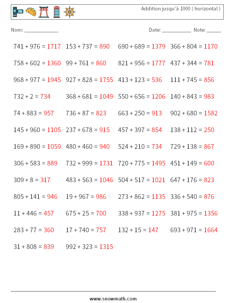 (50) Addition jusqu'à 1000 ( horizontal ) Fiches d'Exercices de Mathématiques 3 Question, Réponse