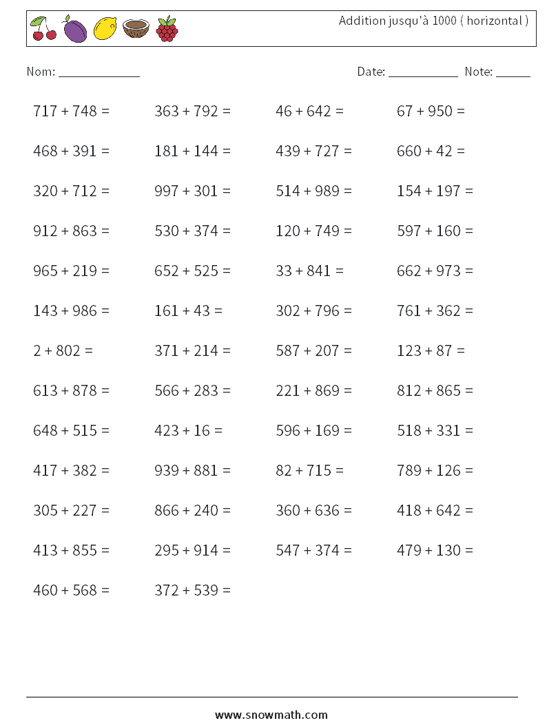 (50) Addition jusqu'à 1000 ( horizontal ) Fiches d'Exercices de Mathématiques 5