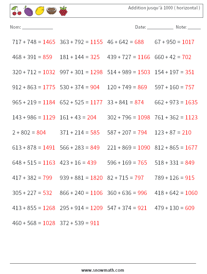 (50) Addition jusqu'à 1000 ( horizontal ) Fiches d'Exercices de Mathématiques 5 Question, Réponse