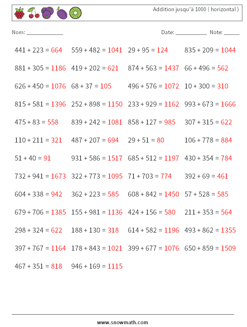 (50) Addition jusqu'à 1000 ( horizontal ) Fiches d'Exercices de Mathématiques 7 Question, Réponse