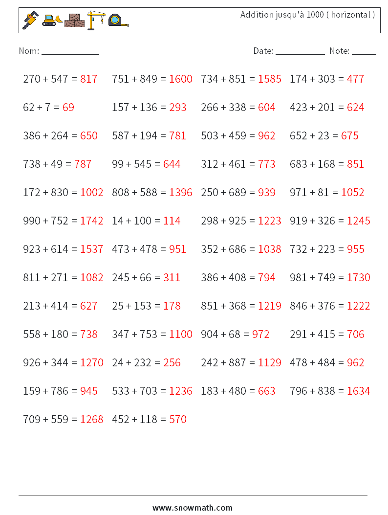 (50) Addition jusqu'à 1000 ( horizontal ) Fiches d'Exercices de Mathématiques 8 Question, Réponse