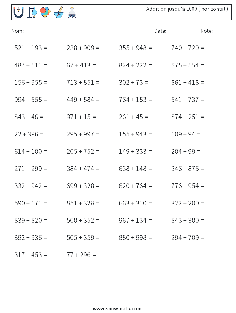 (50) Addition jusqu'à 1000 ( horizontal ) Fiches d'Exercices de Mathématiques 9