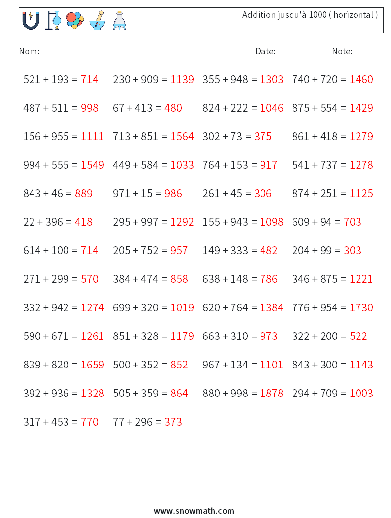 (50) Addition jusqu'à 1000 ( horizontal ) Fiches d'Exercices de Mathématiques 9 Question, Réponse