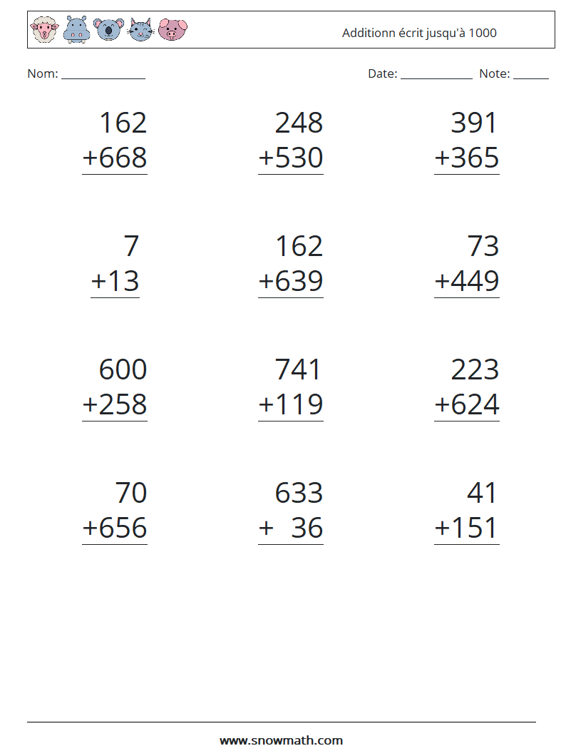 (12) Additionn écrit jusqu'à 1000 Fiches d'Exercices de Mathématiques 10