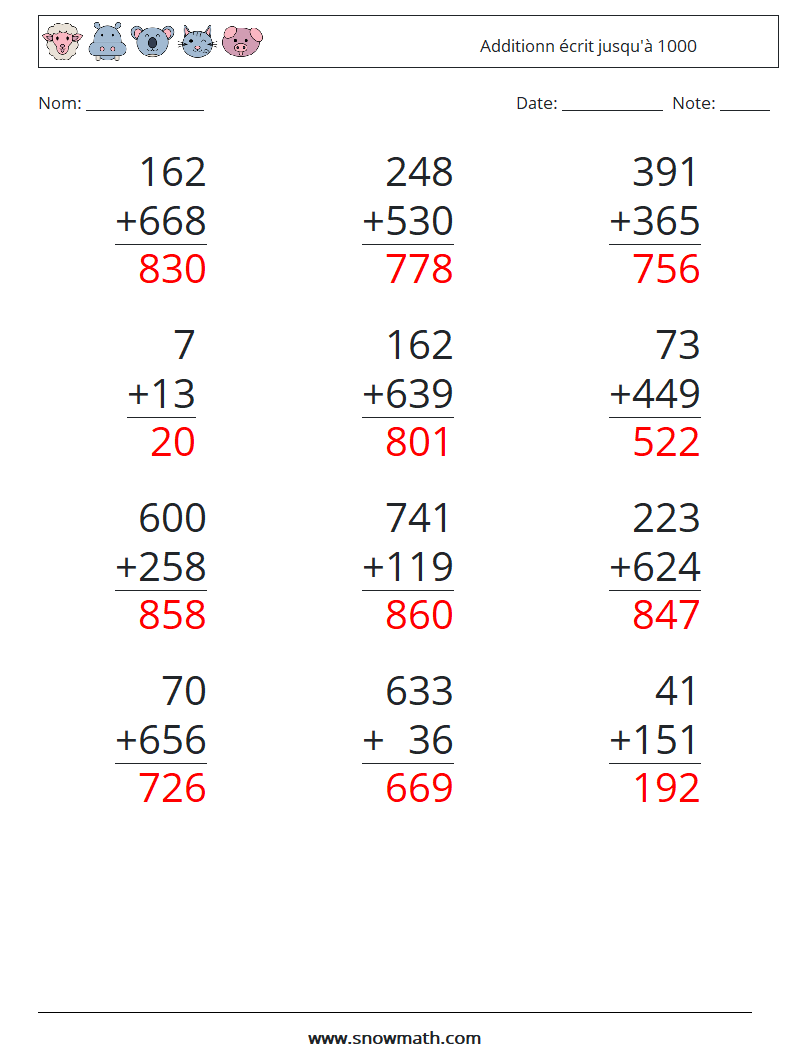 (12) Additionn écrit jusqu'à 1000 Fiches d'Exercices de Mathématiques 10 Question, Réponse