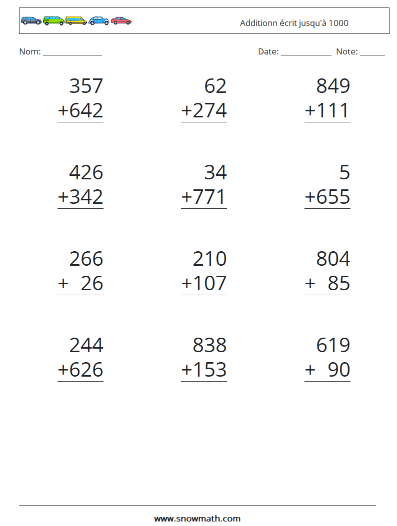 (12) Additionn écrit jusqu'à 1000 Fiches d'Exercices de Mathématiques 11