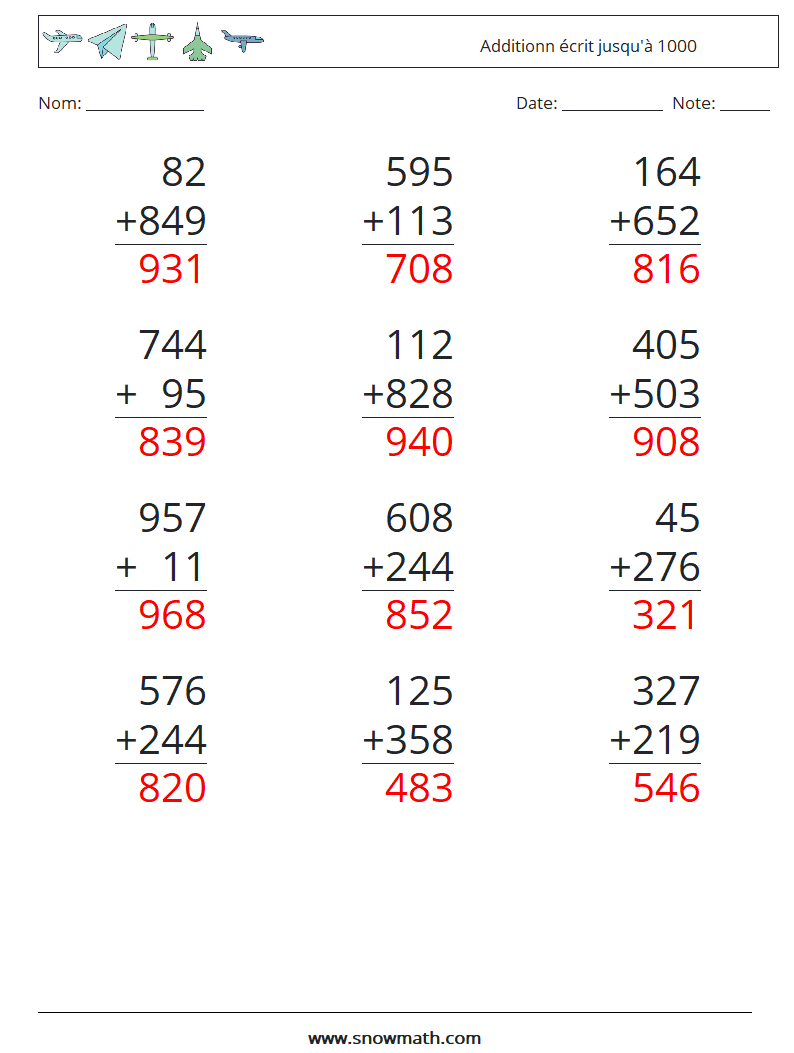 (12) Additionn écrit jusqu'à 1000 Fiches d'Exercices de Mathématiques 12 Question, Réponse