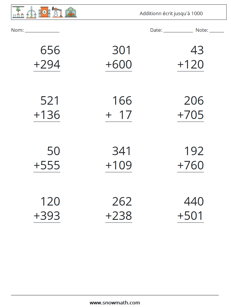 (12) Additionn écrit jusqu'à 1000 Fiches d'Exercices de Mathématiques 13
