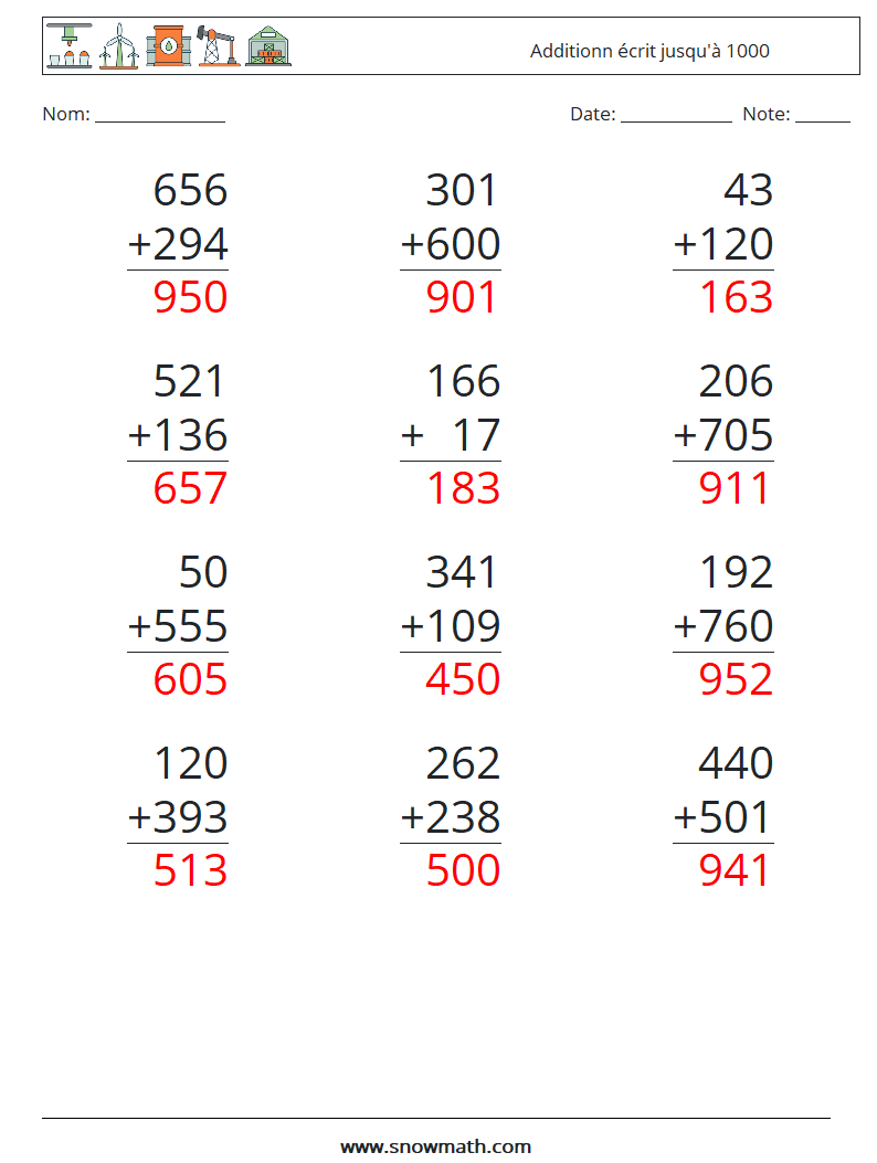 (12) Additionn écrit jusqu'à 1000 Fiches d'Exercices de Mathématiques 13 Question, Réponse