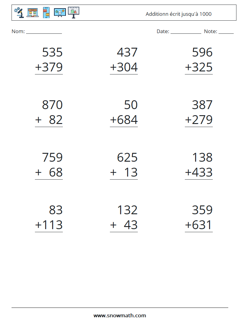 (12) Additionn écrit jusqu'à 1000 Fiches d'Exercices de Mathématiques 14