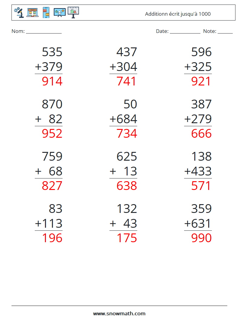 (12) Additionn écrit jusqu'à 1000 Fiches d'Exercices de Mathématiques 14 Question, Réponse