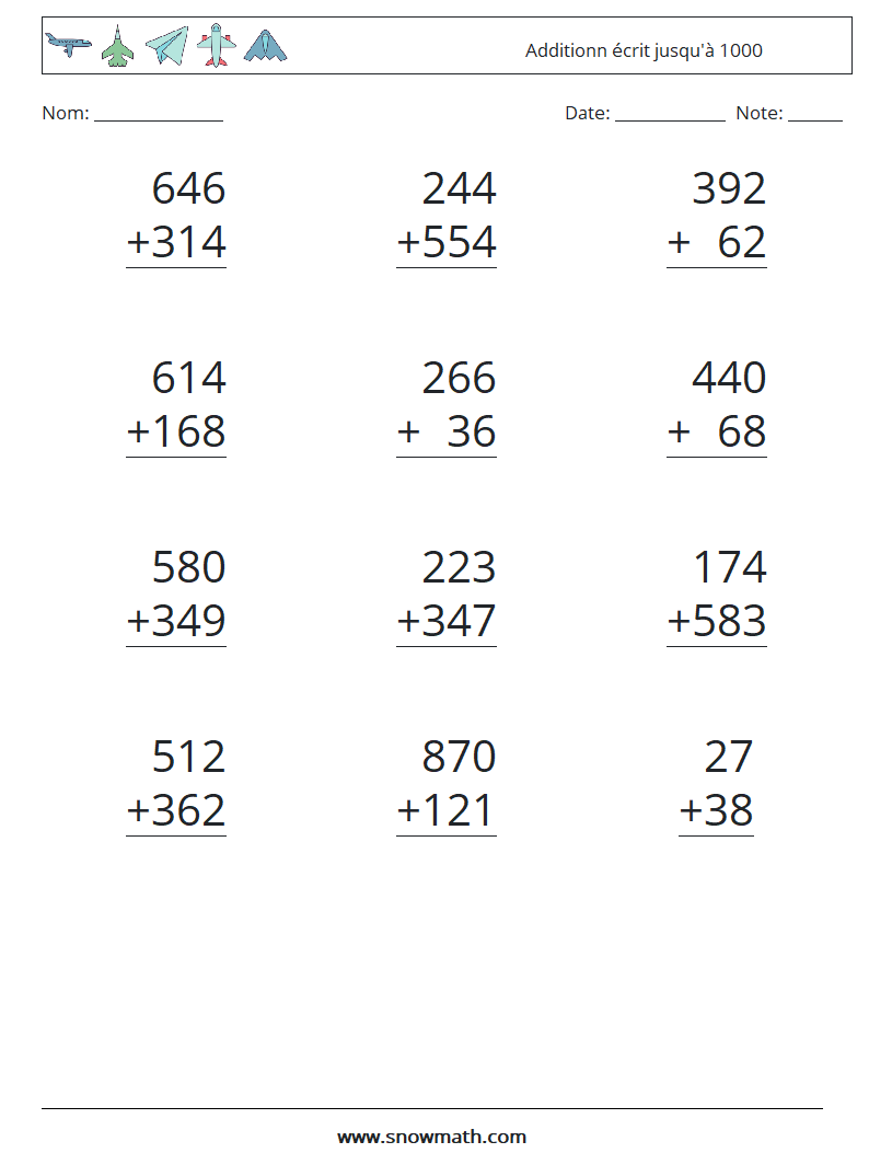 (12) Additionn écrit jusqu'à 1000 Fiches d'Exercices de Mathématiques 15