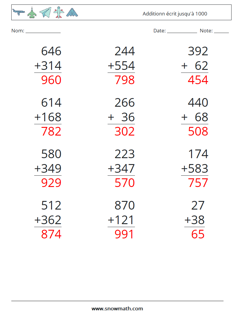(12) Additionn écrit jusqu'à 1000 Fiches d'Exercices de Mathématiques 15 Question, Réponse