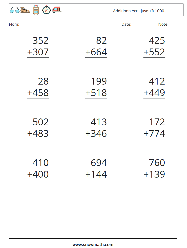 (12) Additionn écrit jusqu'à 1000 Fiches d'Exercices de Mathématiques 16