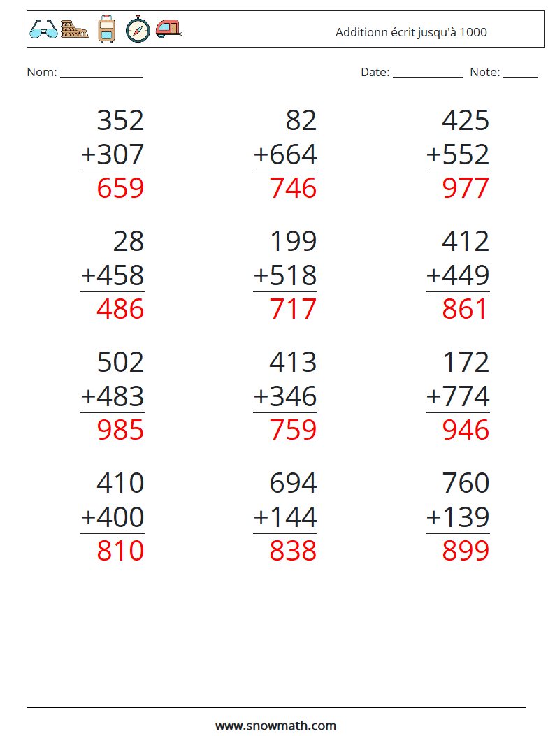 (12) Additionn écrit jusqu'à 1000 Fiches d'Exercices de Mathématiques 16 Question, Réponse