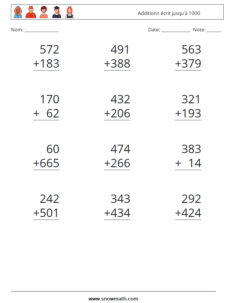 (12) Additionn écrit jusqu'à 1000 Fiches d'Exercices de Mathématiques 17