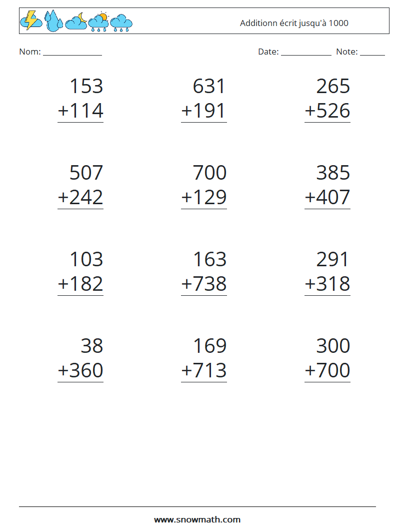 (12) Additionn écrit jusqu'à 1000 Fiches d'Exercices de Mathématiques 18