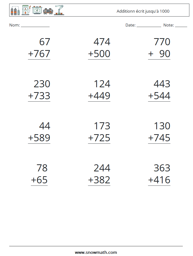 (12) Additionn écrit jusqu'à 1000 Fiches d'Exercices de Mathématiques 3