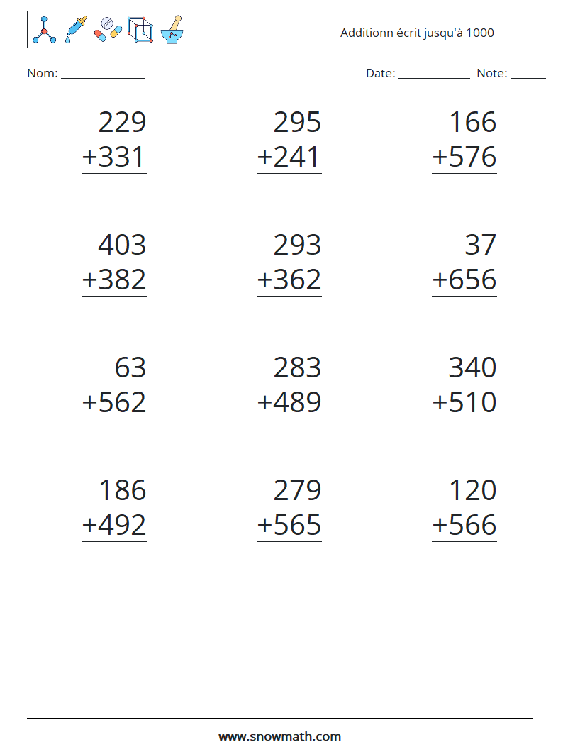 (12) Additionn écrit jusqu'à 1000 Fiches d'Exercices de Mathématiques 4