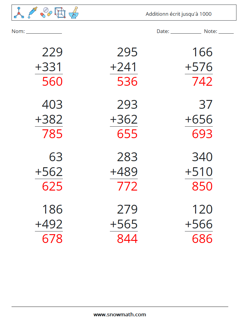 (12) Additionn écrit jusqu'à 1000 Fiches d'Exercices de Mathématiques 4 Question, Réponse